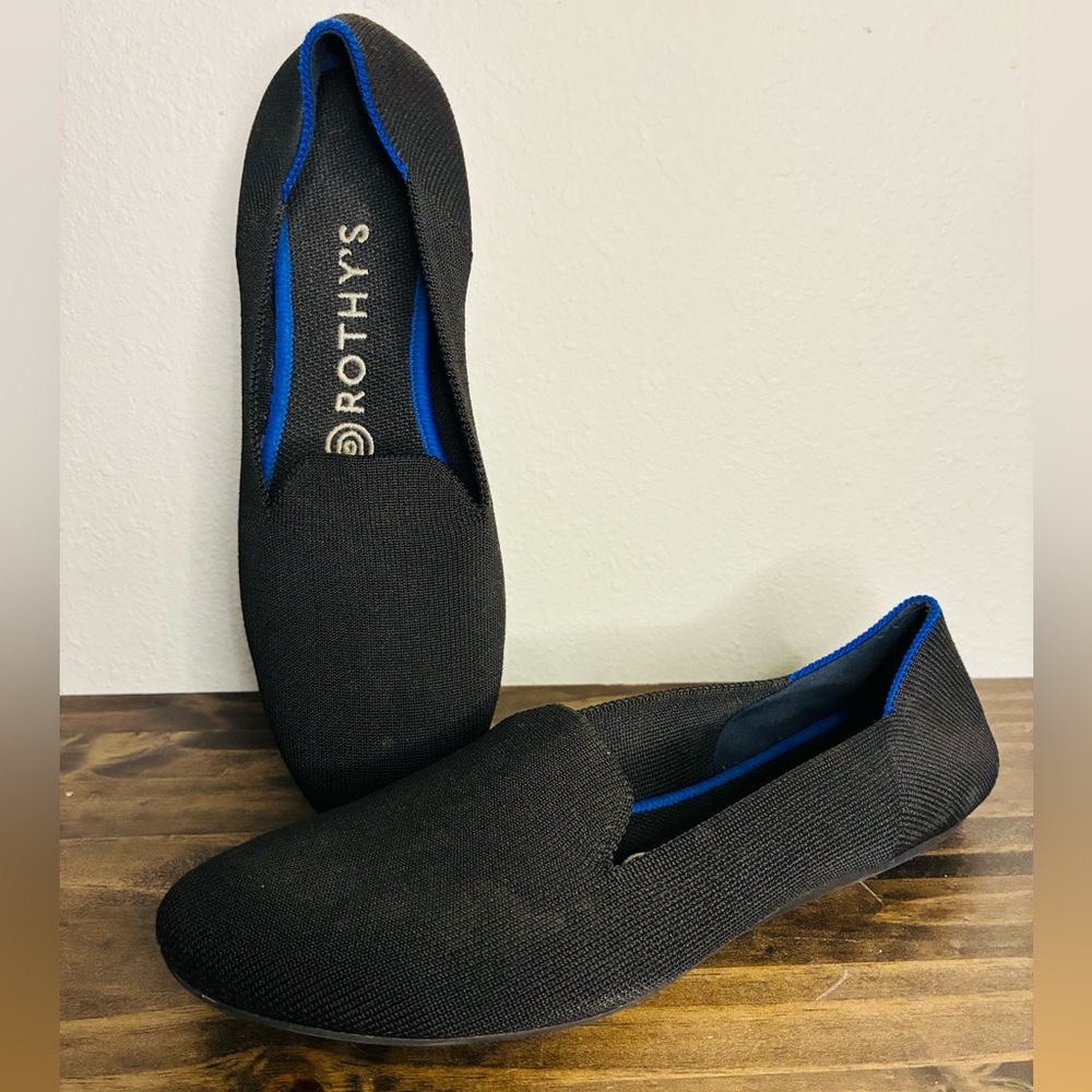 Rothy's Black Slip-On Loafers with Blue Trim